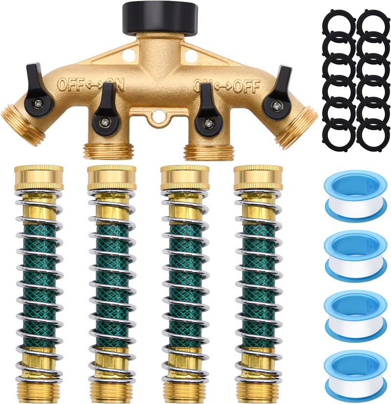 LFSEMINI 4 Way Hose Splitter with 4Pcs Garden Hose Extension Adapter, Brass Garden Hose Splitter Set, Hose Spigot Adapter with 4 Valves and 12 Rubber Washers & 4 Tapes - Image 1